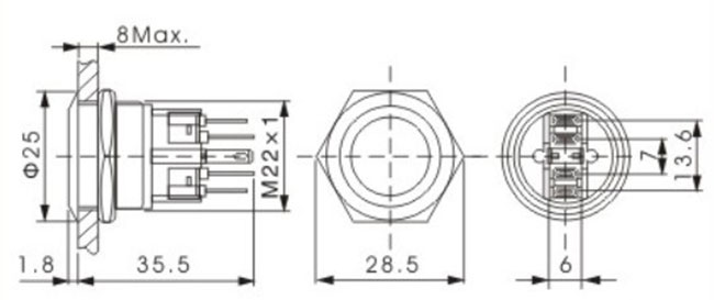 furo de montagem momentâneo do interruptor de tecla 22mm do metal da C.A. de 5A 250V Dustproof
