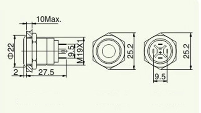 Liga de prata terminal 1NO do Pin do interruptor de tecla 19mm da montagem do painel do diodo emissor de luz