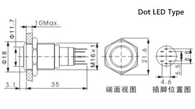Tipo interruptor do ponto de tecla do metal do diodo emissor de luz, peso leve do interruptor de tecla de 5 Pin