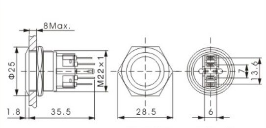 Tipo tecla momentânea do anel do diodo emissor de luz, interruptor momentâneo da tecla de 22mm