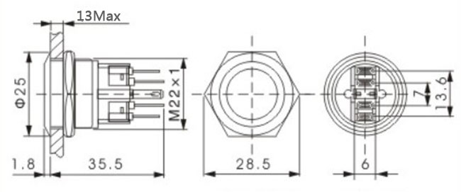 O diodo emissor de luz de travamento impermeável da tecla iluminado, Metal o interruptor de tecla de 6 Pin